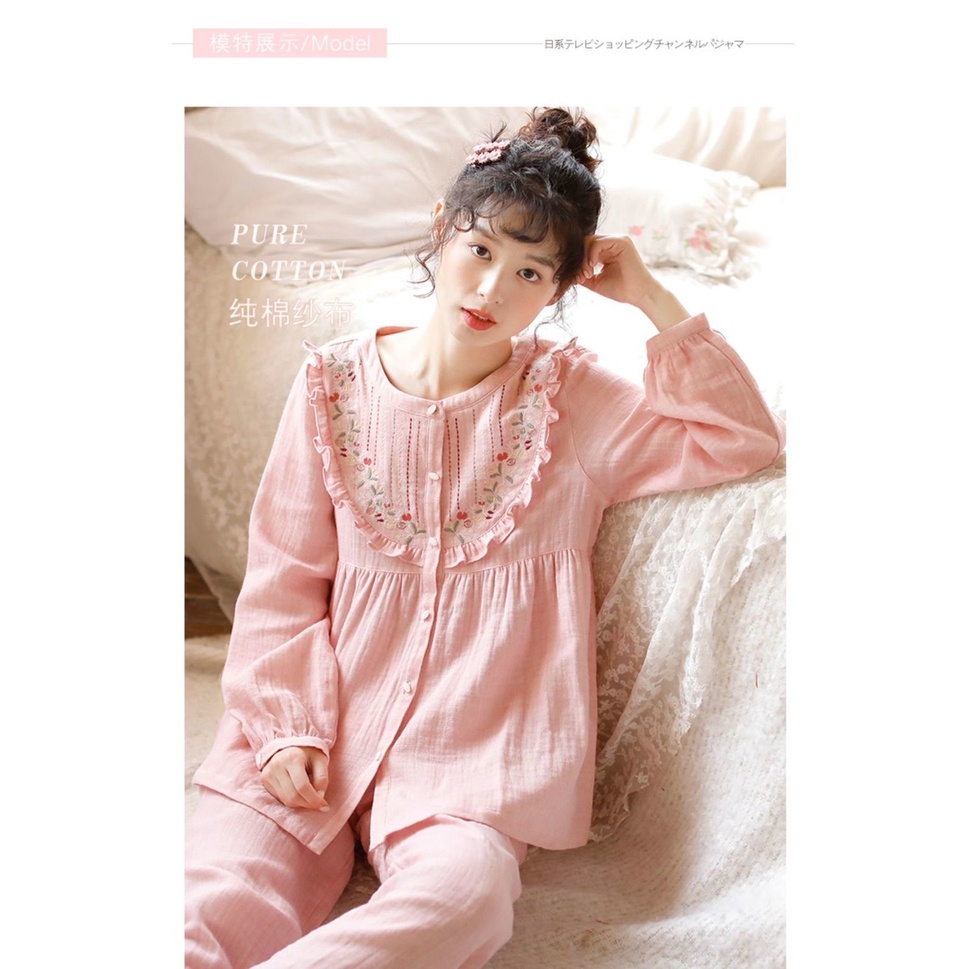 [Order-Có ảnh thật] Bộ đồ ngủ nữ mặc nhà hoạ tiết thêu tay chất xô muslin cao cấp | BigBuy360 - bigbuy360.vn