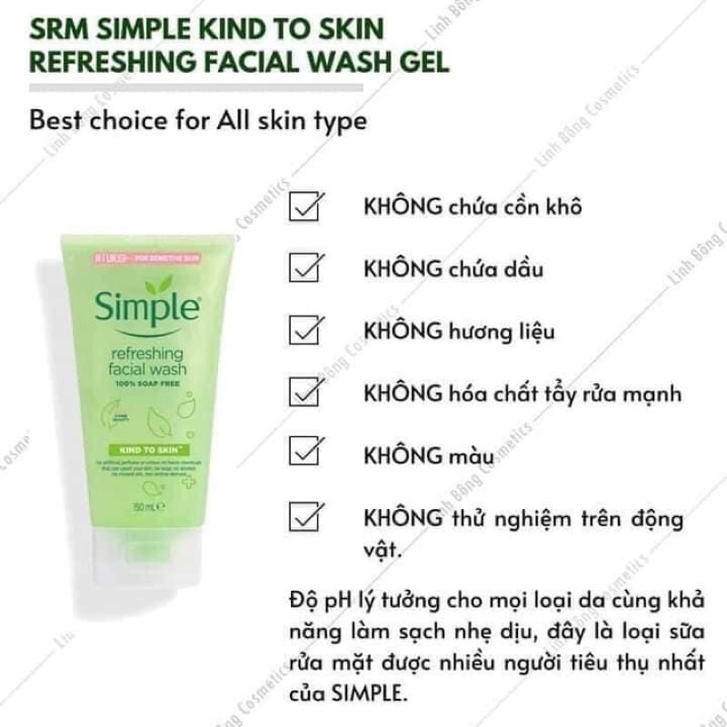 Sữa Rửa Mặt Cho Da Nhạy Cảm Simple Kind To Skin Nội Địa UK 150ml