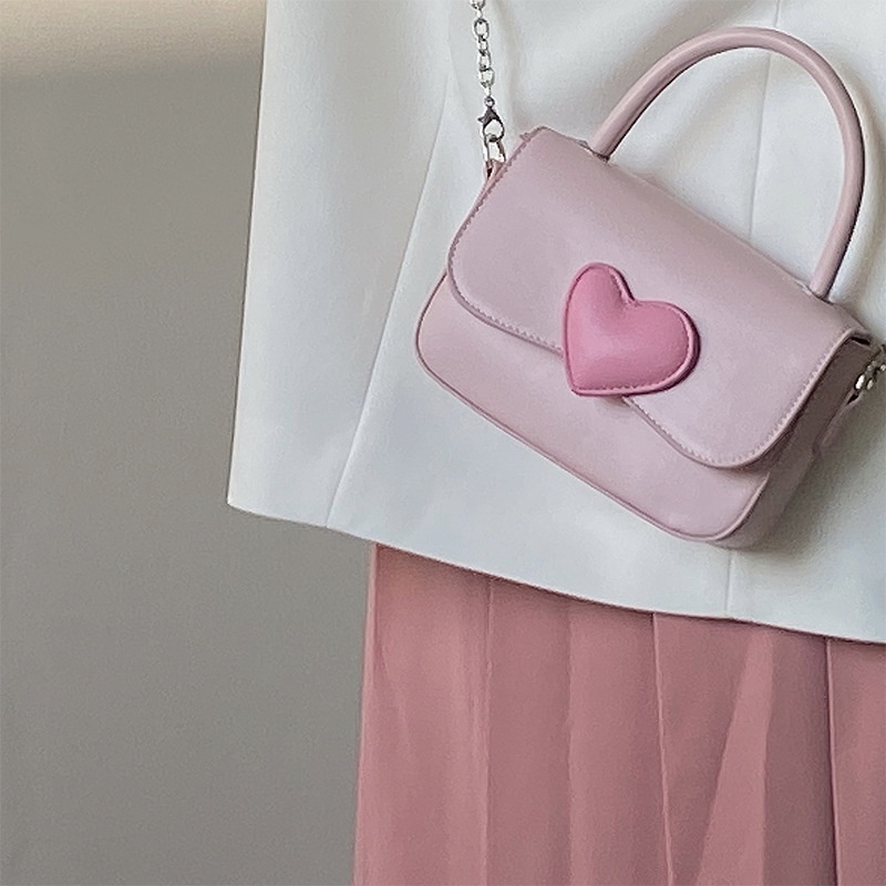 [CÓ SẴN] TÚI XÁCH NỮ MÀU HỒNG PASTEL ĐÍNH TRÁI TIM PHONG CÁCH HÀN QUỐC