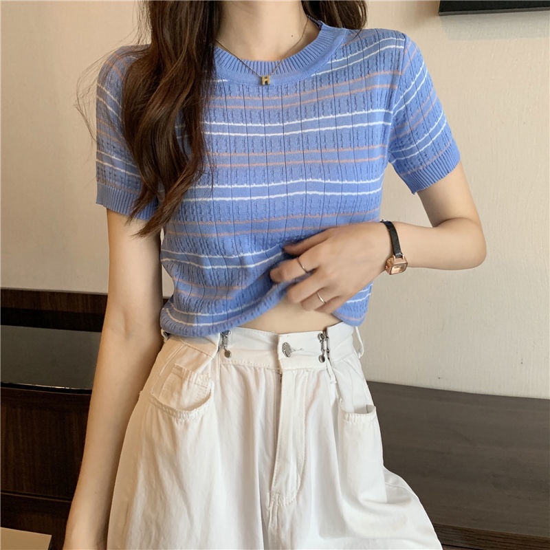 Áo thun IELGY dệt kim ngắn tay họa tiết kẻ sọc thời trang cho nữ