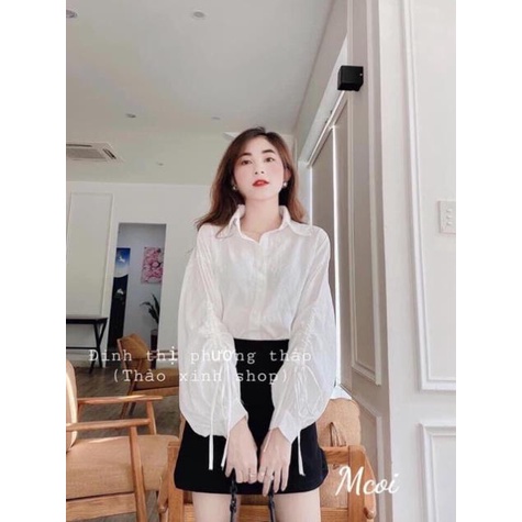 Áo sơ mi nữ dáng thụng trắng tay bồng rút dây siêu xinh