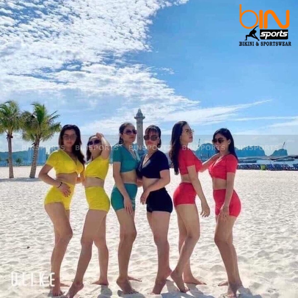 Bikini Nữ 2 Mảnh Quần Đùi Cạp Cao Aó Crop Cọc Tay Xoắn Ngực Bin Sports BHV074 v2