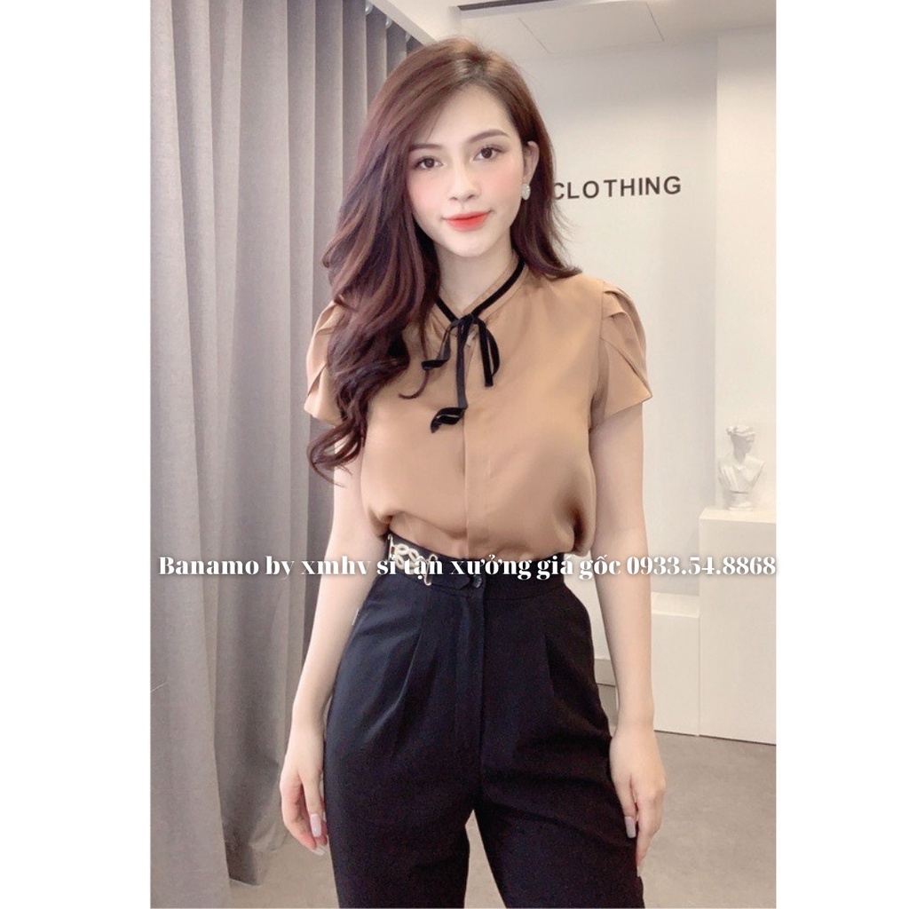 Áo sơ mi cộc tay cổ nơ 3 màu kiểu dáng bánh bèo xinh xắn thời trang Banamo Fashion sơ mi cộc tay cổ nơ 3 màu 3928