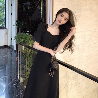 Đầm xòe cổ vuông dáng xòe đen nơ sau