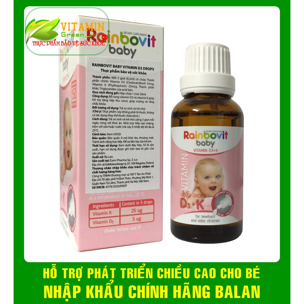 Rainbovit BABY VITAMIN D3 + K GIÚP BÉ PHÁT TRIỂN CHIỀU CAO, GIÚP XƯƠNG RĂNG CHẮC KHỎE | NHẬP KHẨU CHÍNH HÃNG BALAN