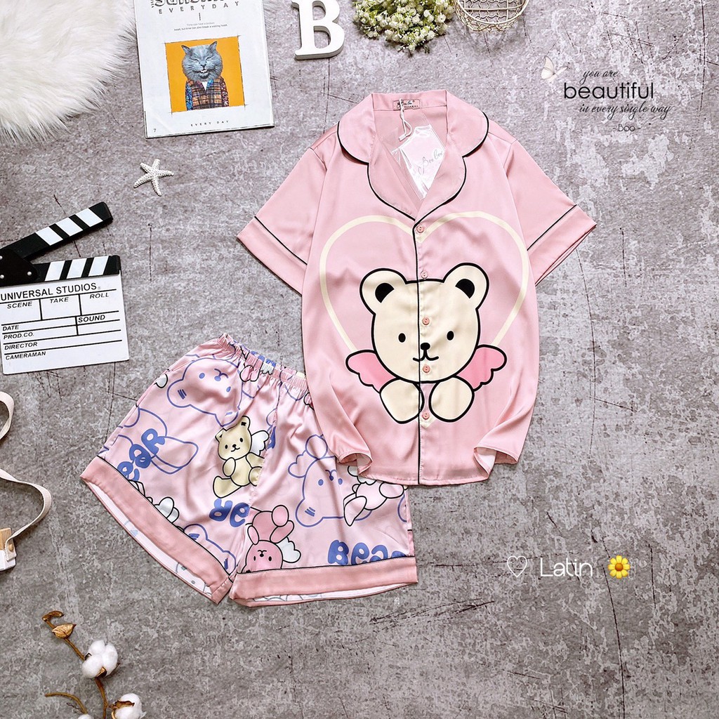 Đồ bộ nữ, pijama lụa Latin cao cấp,áo cộc quần cộc nhiều màu cute hàng thiết kế Boo 02