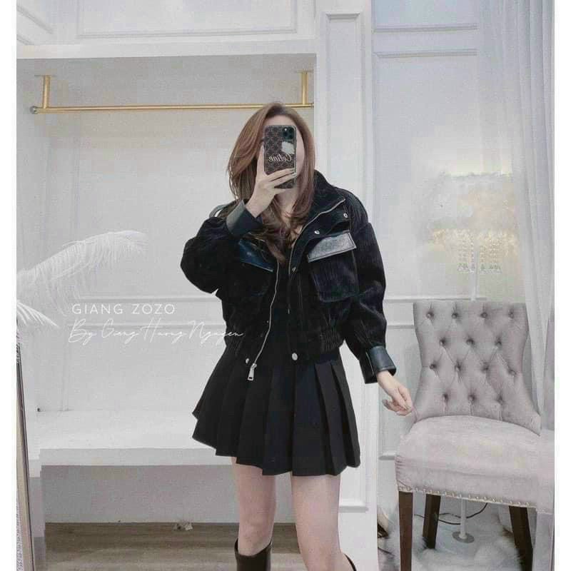 áo khoác nhung tăm phối da vừa dây kéo vừa cài nút chất vải dày dặn hàng cao cấp cực đẹp m454