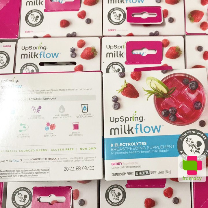 Ngũ cốc lợi sữa Upspring Milkflow, Mỹ (16 gói) Fenugreek, Blessed Thistle dâu/socola có điện giải Electrolytes cho mẹ bú