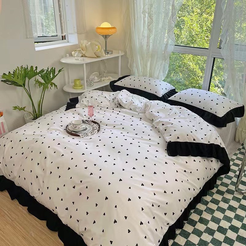 Bộ chăn ga gối Cotton Tici phối bèo ren vitage, vỏ chăn mền, drap giường và 2 vỏ gối