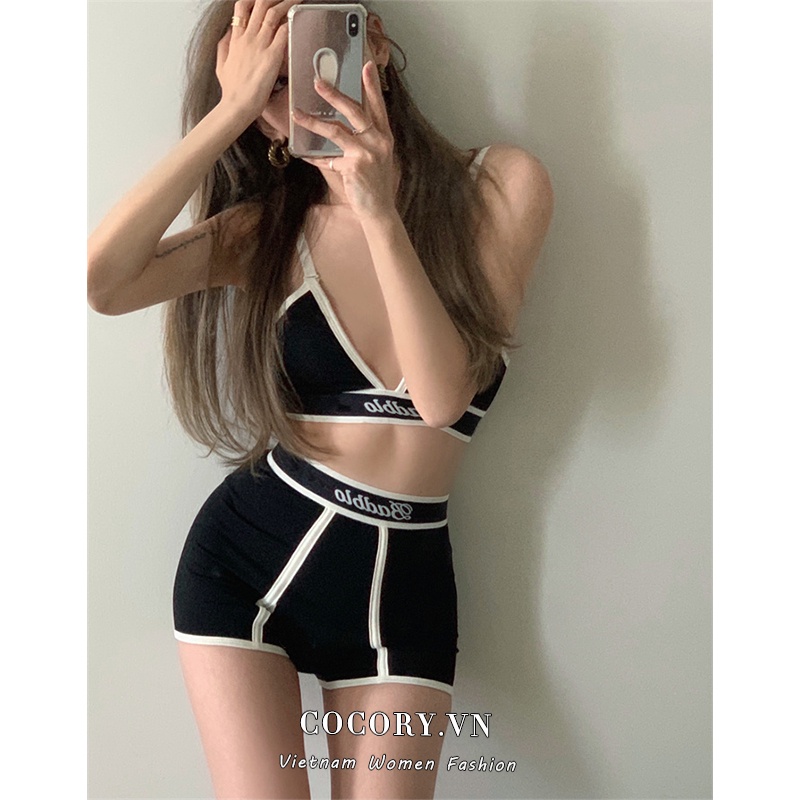 Cocory vn Set Áo Thun Lửng Hai Dây + Quần Short Lưng Cao Thời Trang Nữ
