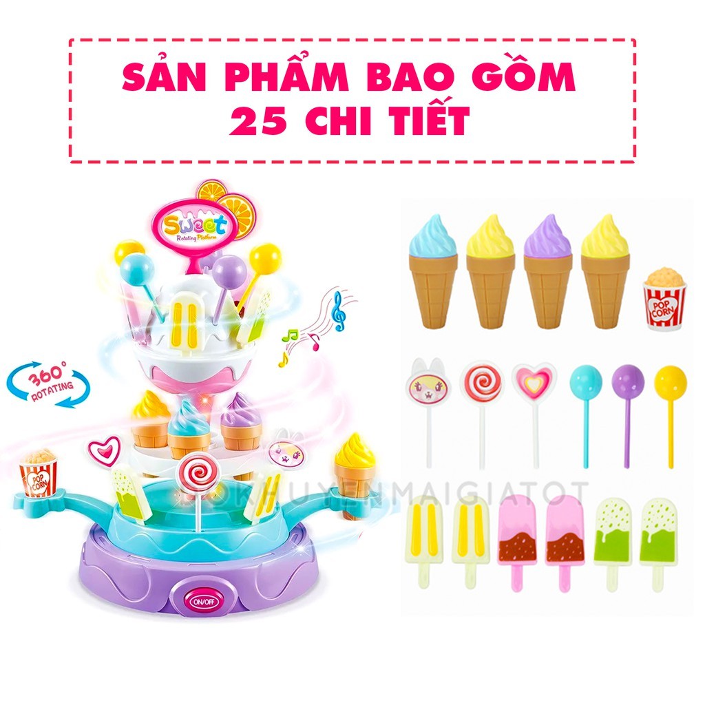 Đồ chơi nấu ăn mô hình xe đẩy cho bé bán kem kẹo có trục xoay 360 độ, có đèn, nhạc 668-54  - Đồ khuyến mãi giá tốt