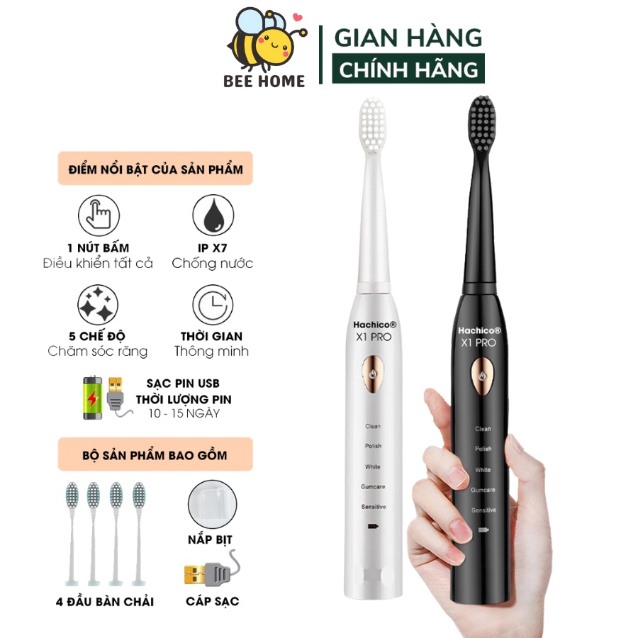 Bàn chải điện, máy vệ sinh chăm sóc răng miệng Sonic 4 chế độ xả nước, tặng kèm 5 đầu thay thế, sạc pin, bản cao cấp