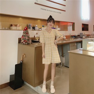 [order] đầm cổ V caro vàng