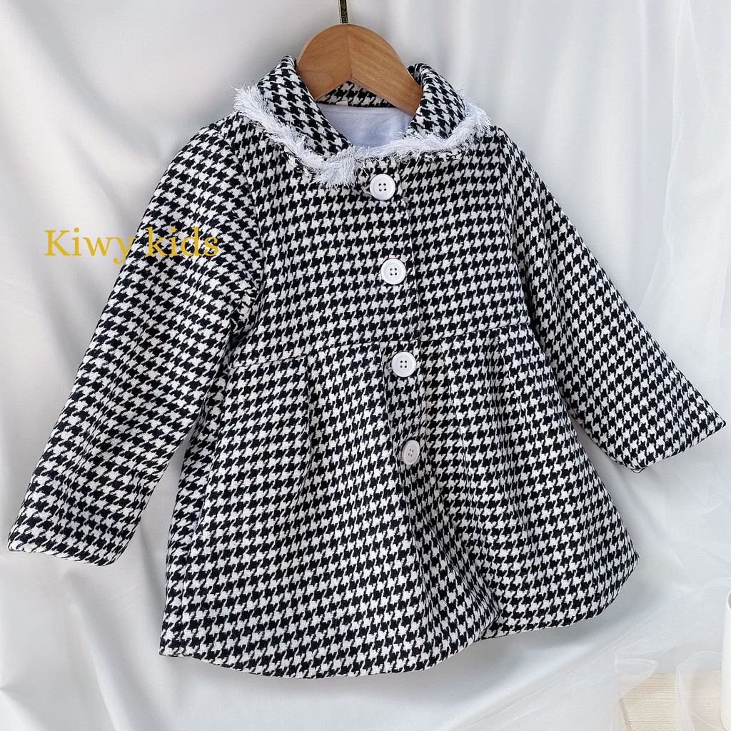 Áo khoác bé gái Kiwy Kids họa tiết Houdstooth sang chảnh Kids10 chất liệu dạ cho bé từ 1 đến 3 tuổi