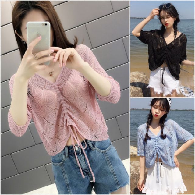 Áo len nữ mỏng croptop rút dây - DTH