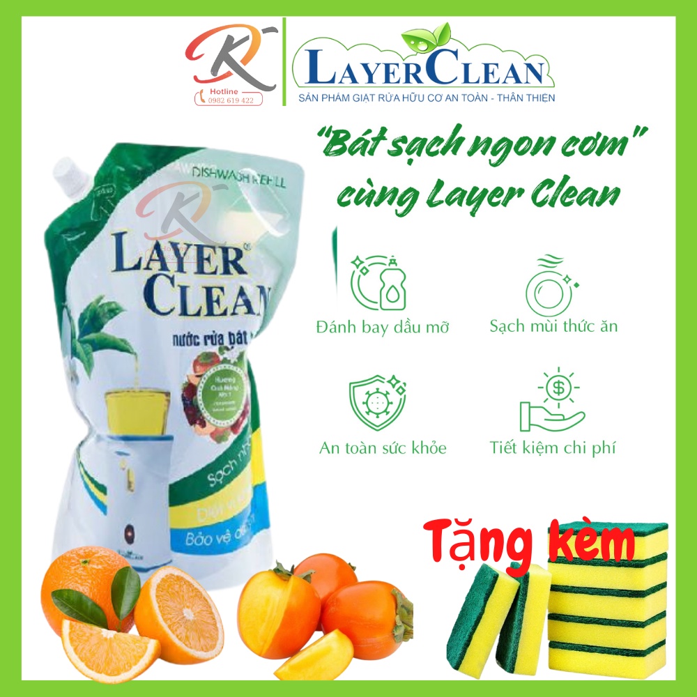 Nước rửa bát hữu cơ Layer Clean loại 2 lít - Hương hồng, hương quả quýt - Tặng miếng mút cọ rửa cao cấp