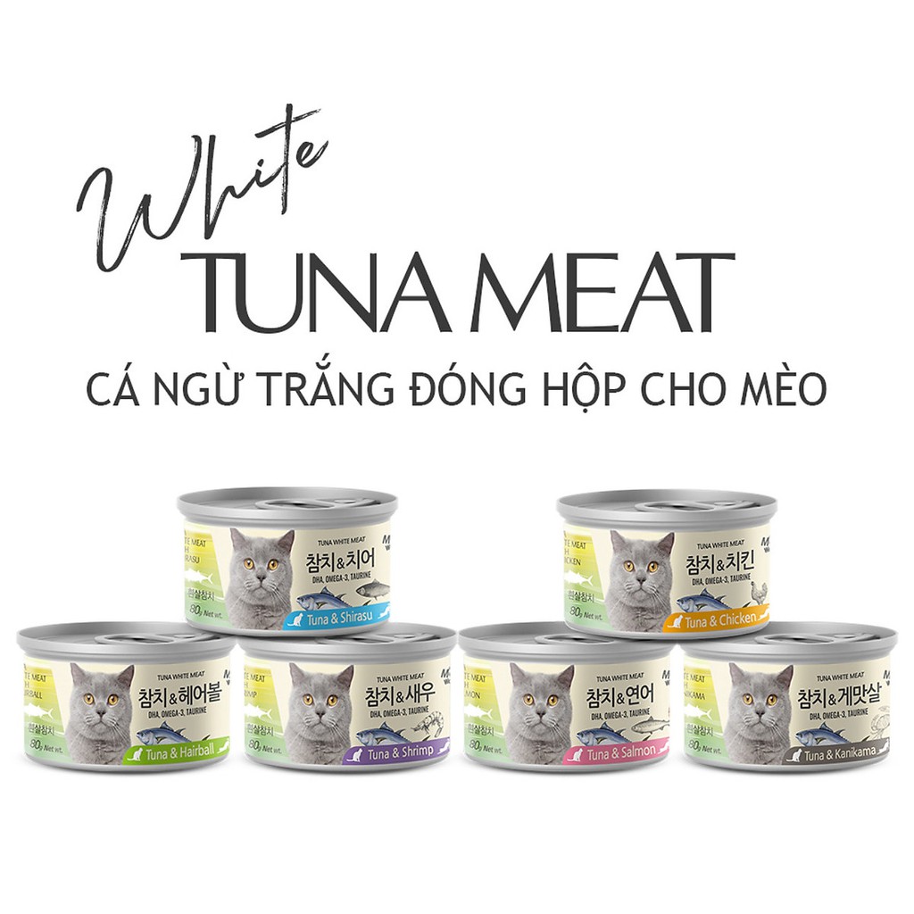 &quot;80g&quot;CÁ NGỪ TRẮNG &amp; CÁ HỒI ĐÓNG HỘP CHO MÈO giàu chất béo bão hòa không no - chất béo có lợi cho sức khỏe, dễ tiêu hóa