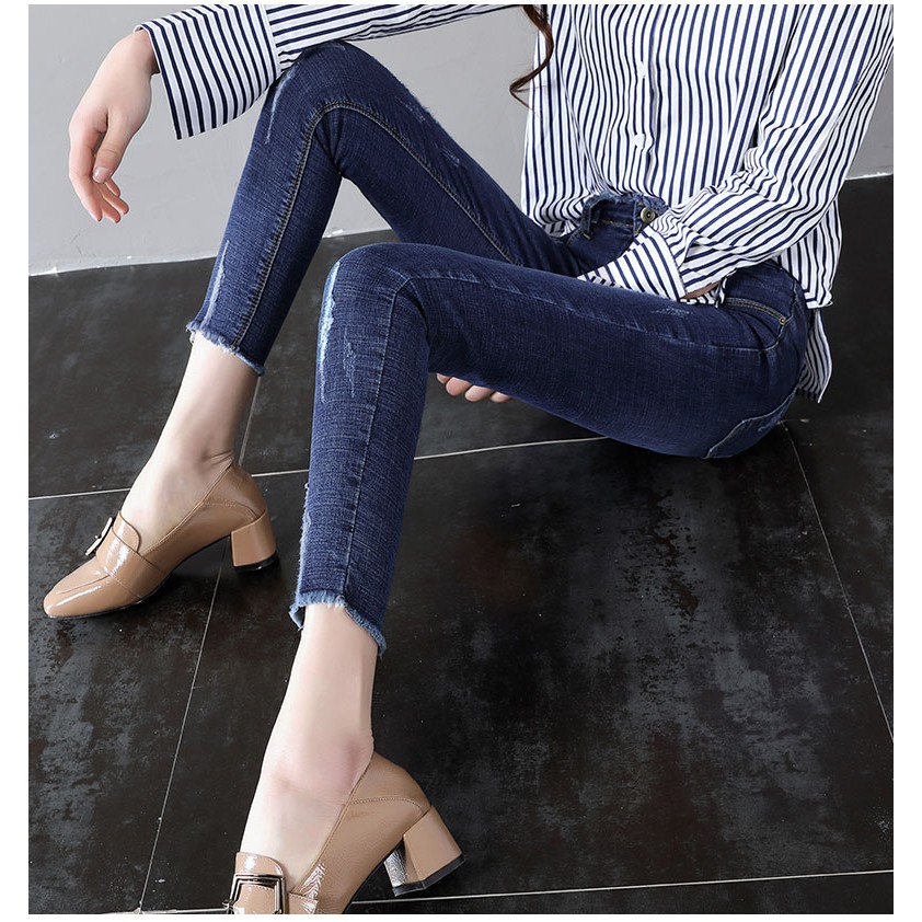 Quần jeans 9 tấc tấc nữ cào xước lai tua co giãn