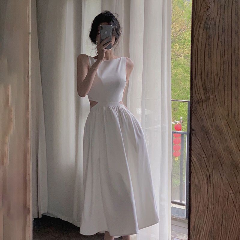 Đầm Đen Mùa Hè Cao Cấp Không Tay Hở Vai Phong Cách Hepburn Pháp Cho Nữ