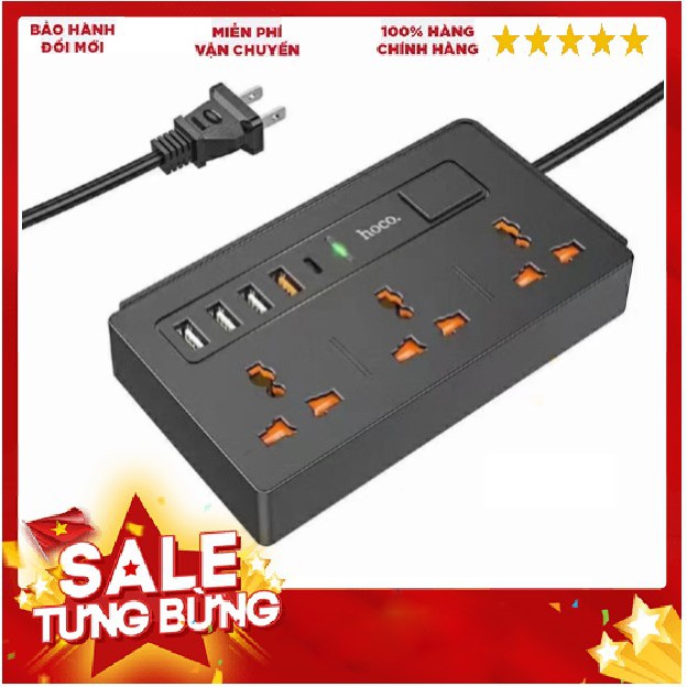 Ổ điện đa năng, thông minh 4 cổng USB và 1 cổng Type-C,3 ổ cắm điện 220v an toàn chống cháy nổ Hoco DC15 Chính hãng