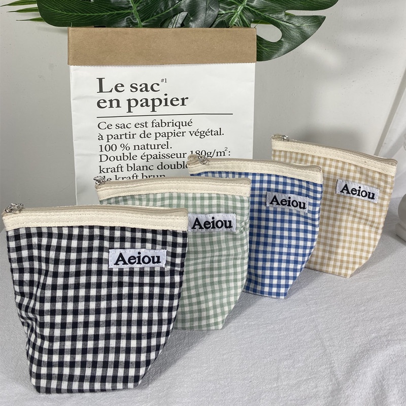Túi Đựng Mỹ Phẩm/Tiền Xu/Mỹ Phẩm Bằng Vải Canvas Kẻ Sọc Ca Rô Nhỏ Gọn Phong Cách Hàn Quốc