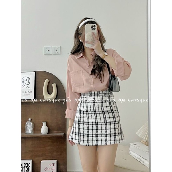 Áo sơ mi trơn basic dáng rộng túi ngực ulzzang