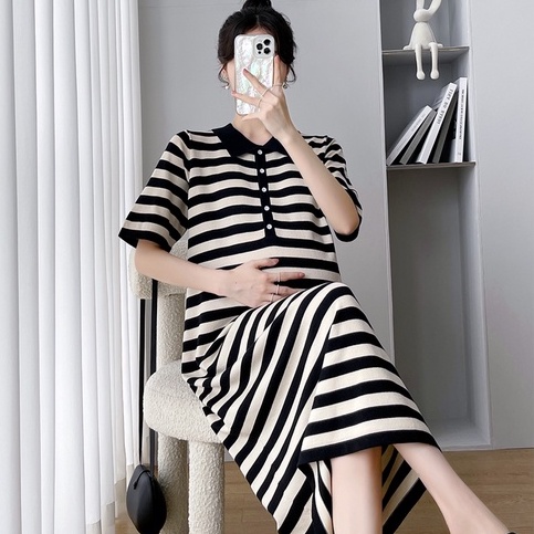 【ZHELIHANGFEI】 / Đầm Bầu Dệt Kim Lụa Lạnh Dáng Rộng Dài Kẻ Sọc