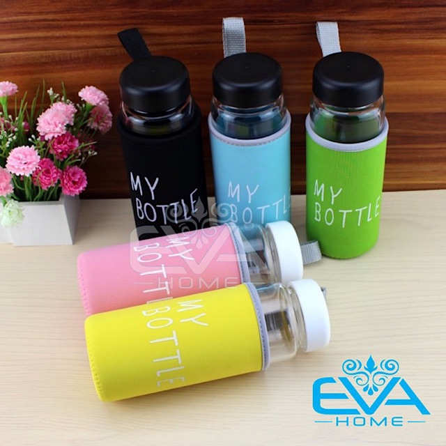 Bình Nước Thủy Tinh In Chữ My Bottle Kèm Vỏ Bọc Vải Neoprene Và Túi Vải Dây Rút Nhiều Màu 500ml