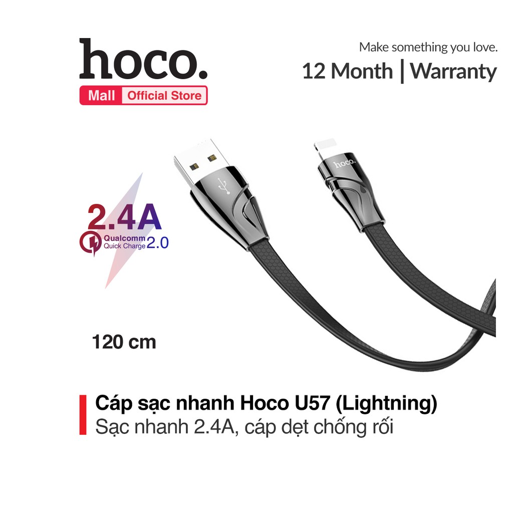 Cáp sạc và truyền dữ liệu Hoco U57 đầu Lightning sạc nhanh 2.4A cho iPhone/iPad/iPod