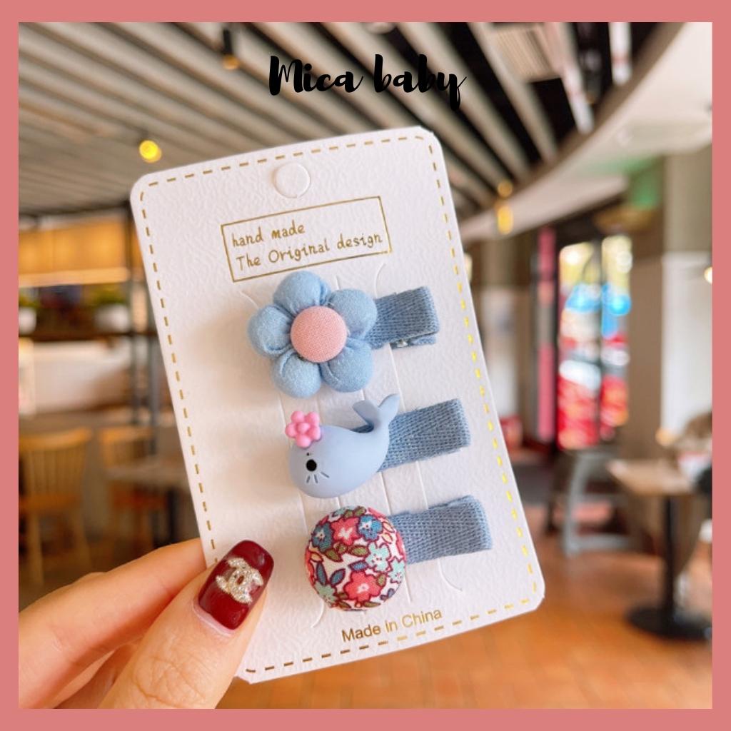 Set 3 kẹp tóc bọc vải gắn hình hoa dễ thương cho bé gái KT33 Mica Baby