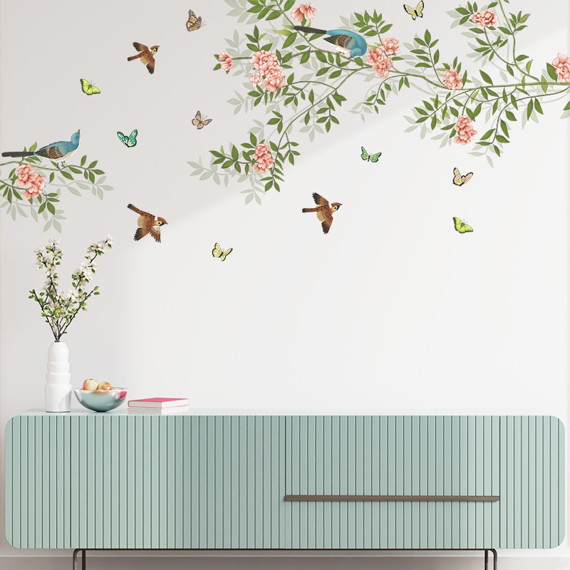 Sticker Dán Tường Họa Tiết Cành Hoa Và Chim Chóc Phong Cách Trung Hoa