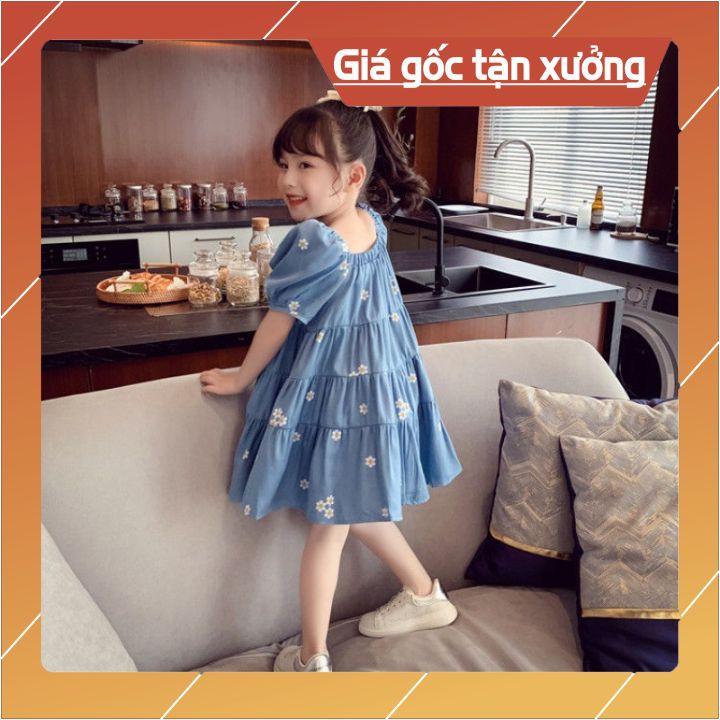 Váy Bé Gái Dáng Babydoll Suông Xòe Nhiều Tầng Xanh Hoa Cúc Trắng Cho Bé Từ 1 đến 6 Tuổi