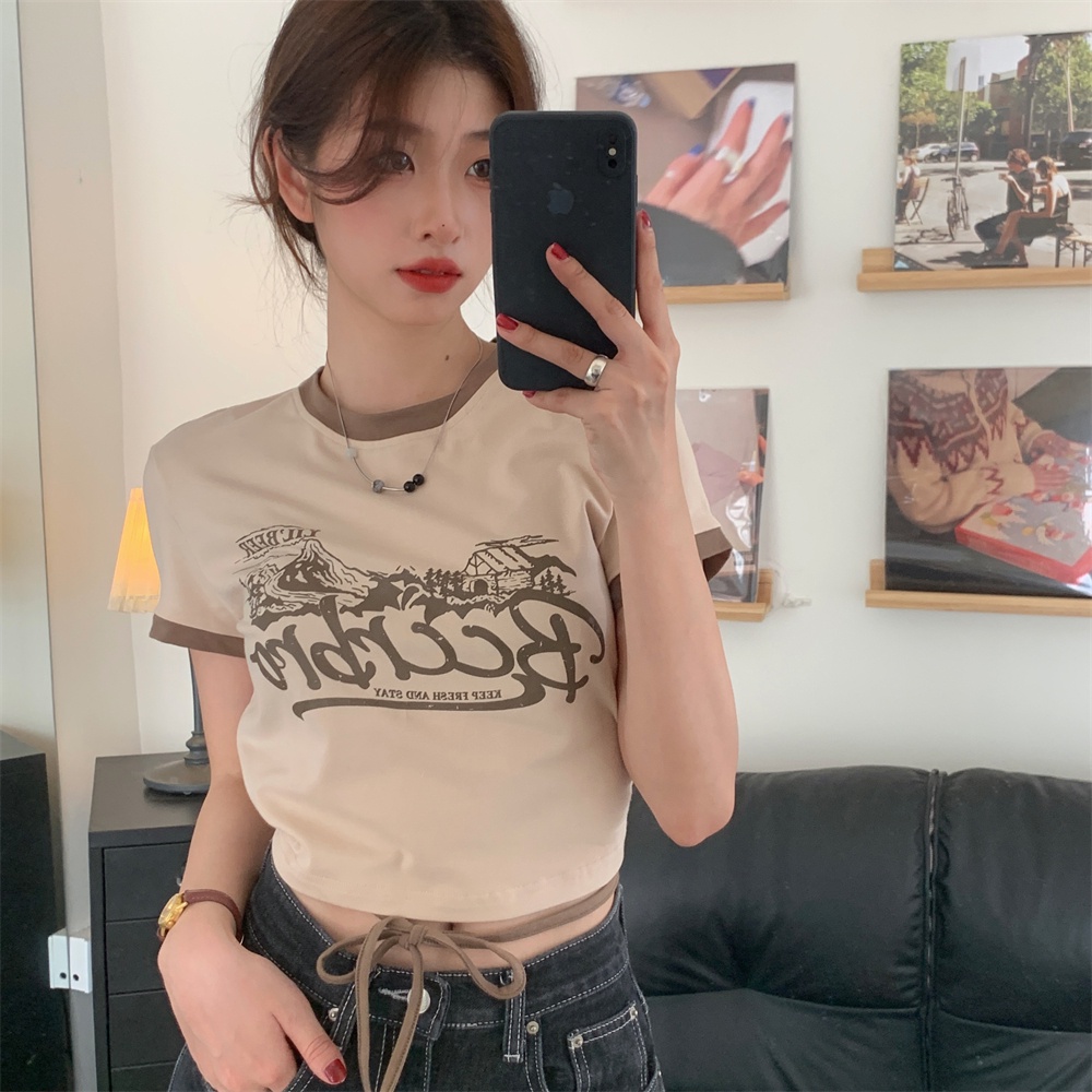 Áo Thun Ngắn Tay Phối Ren Phong Cách retro Thời Trang Cho Nữ