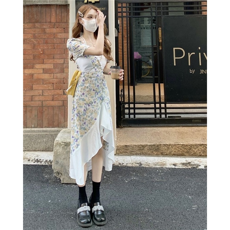 Đầm hoa ngắn tay dáng ôm thời trang phong cách Hàn Quốc cho nữ