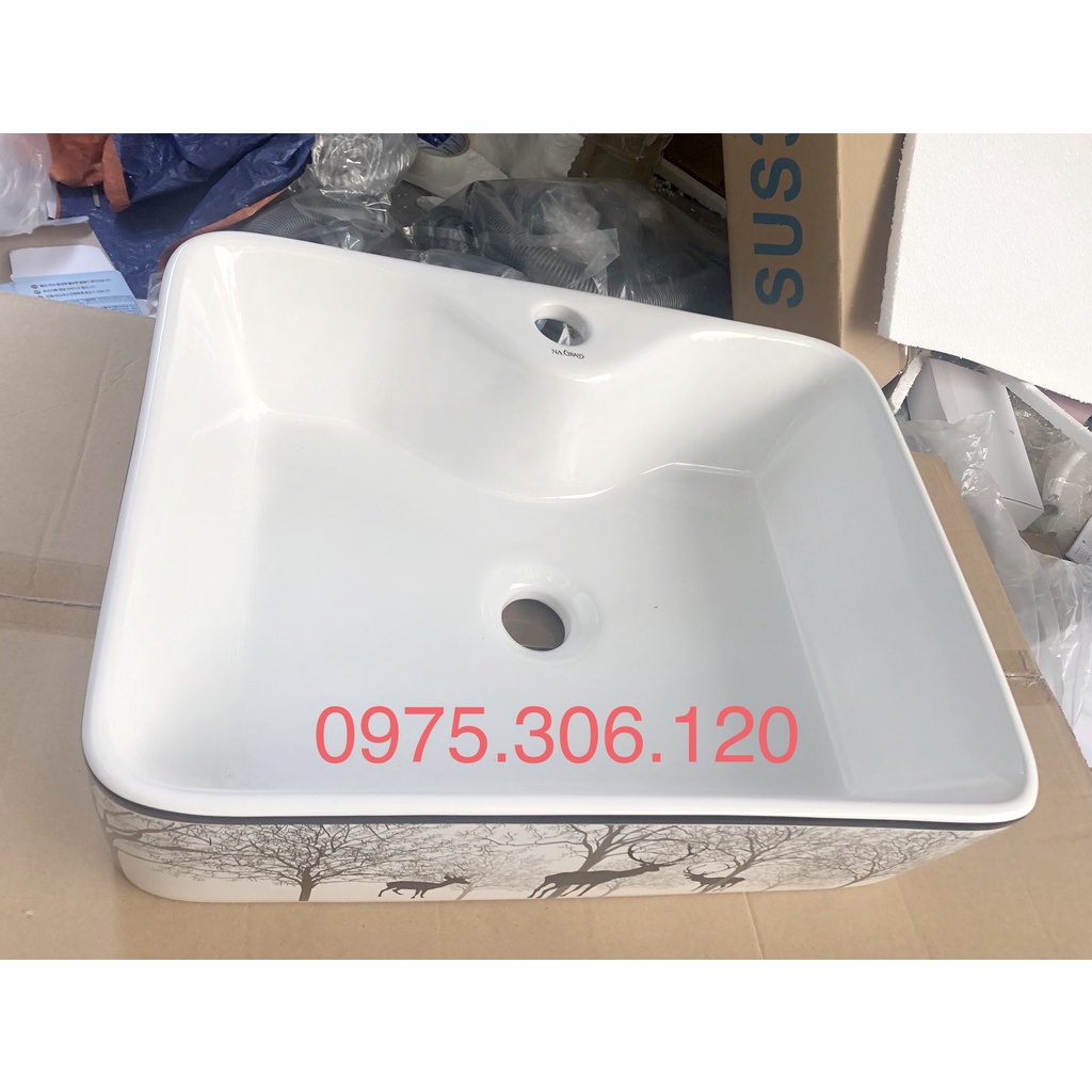 Chậu rửa mặt lavabo Đặt Bàn Đá 8816HV-HOA VĂN CON HƯƠU thương hiệu NA.GRAND, men NANO trắng sáng chống ố chống bám bẩn