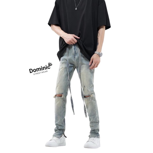 Quần Jean - Slim Fit Cracked Zipper rách gối khóa zip dây đai