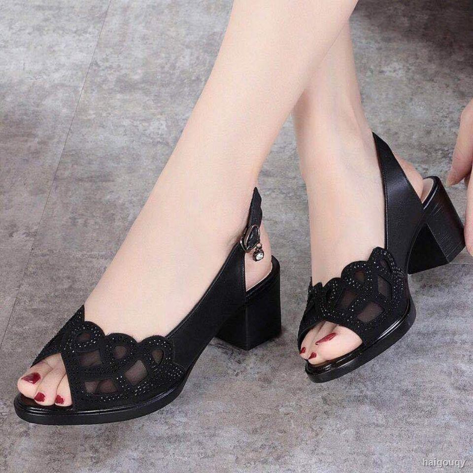 Giày sandal gót cao da mềm phối lưới hở mũi thời trang thanh lịch cho nữ