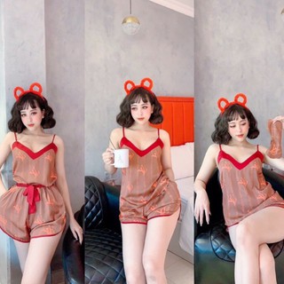 Bộ mặc nhà 2 dây thắt nơ đùi lụa satin cao cấp thiết kế