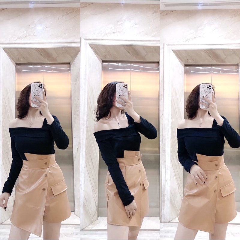 Chân váy da cạp cao vạt chéo loại 1