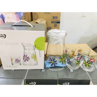 Bộ bình thủy tinh 1,6 lít kèm 4 cốc lùn 270ml đựng nước uống, trà cho gia đình, văn phòng để bàn ăn, bàn tiếp khách