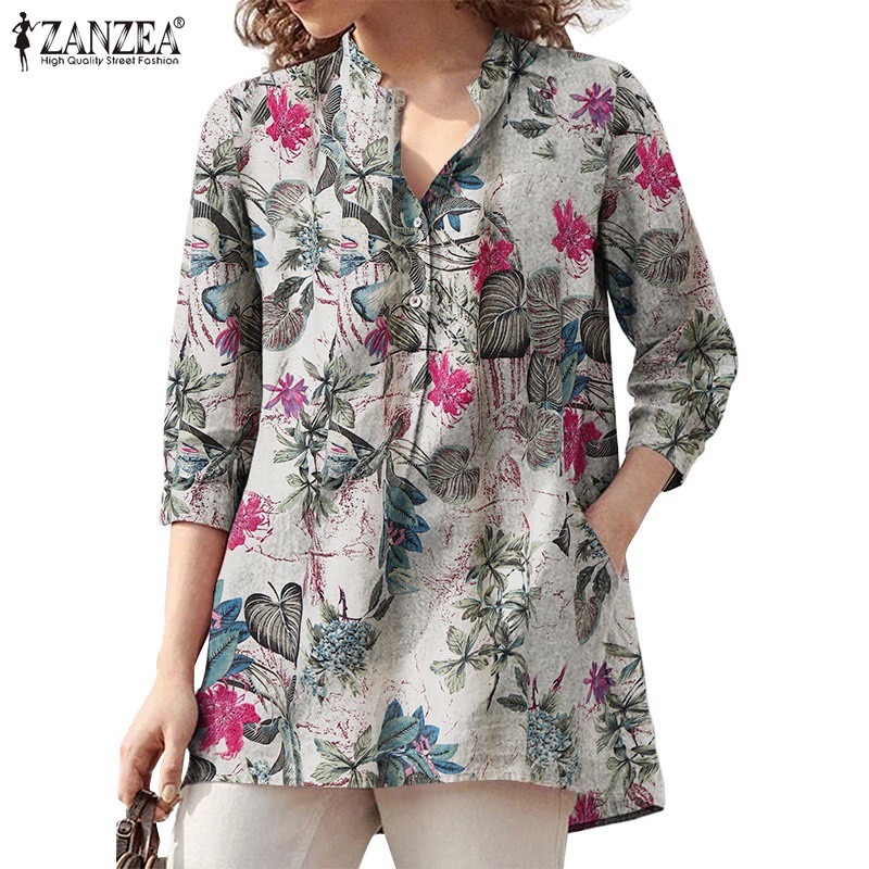 Áo Kiểu ZANZEA Cotton Tay Dài Cổ Chữ V Đơn Giản Thời Trang Cho Nữ