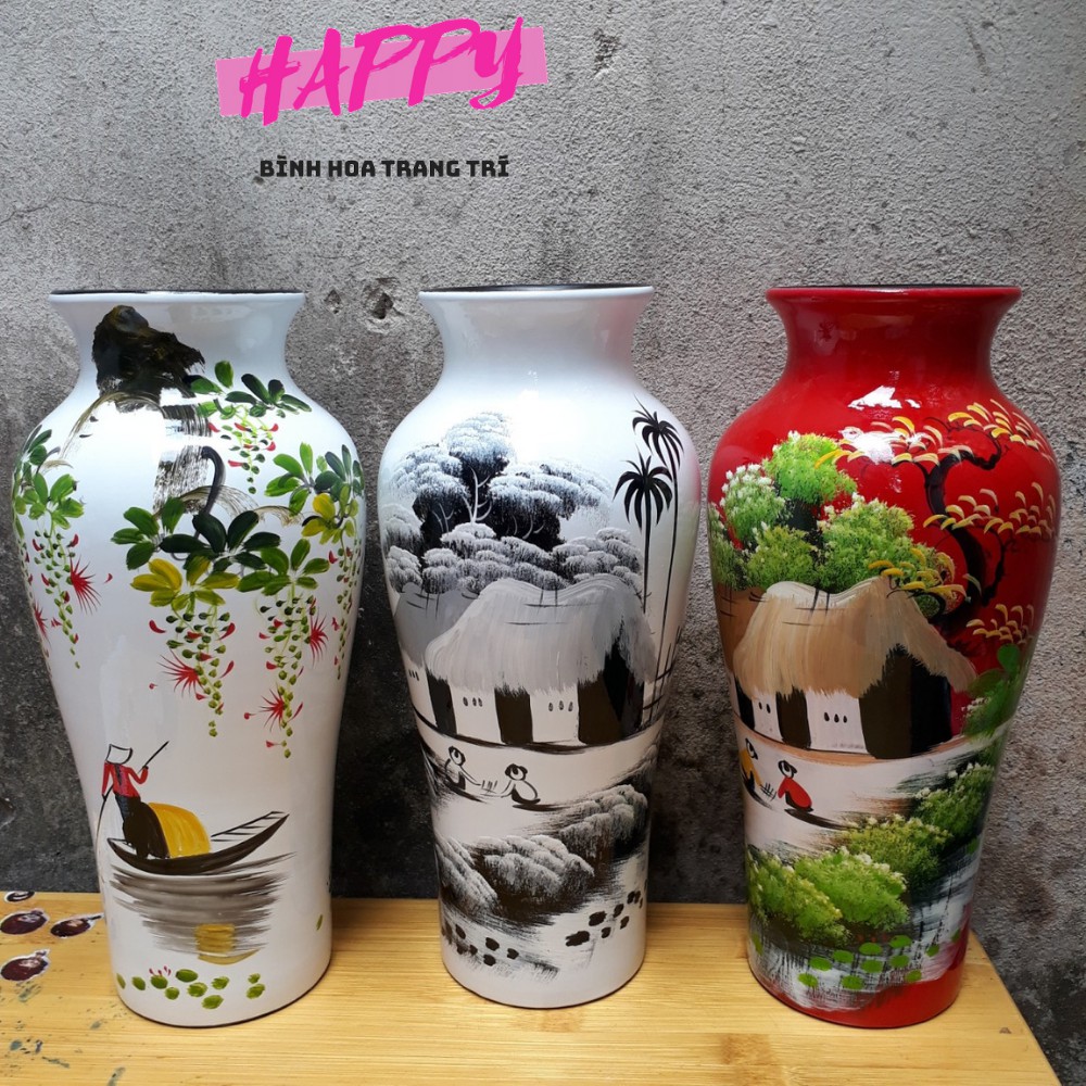 Bình hoa gốm sứ cao cấp HAPPY vẽ tranh sơn mài thủ công phong cảnh cao 34cm, lọ hoa phù hợp cắm bông và trang trí HP100