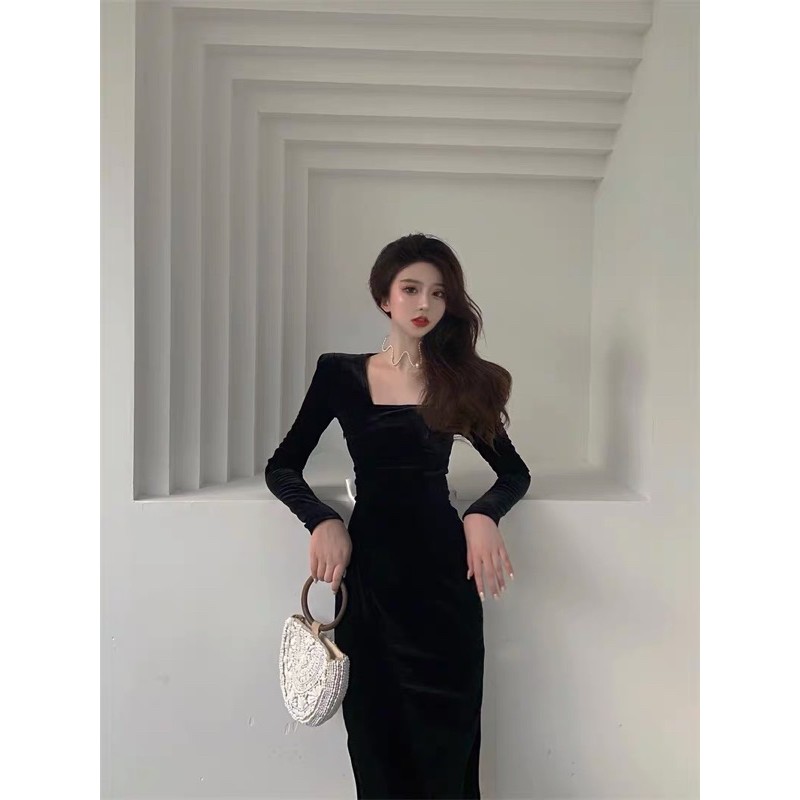 ORDER🖤Váy dự tiệc nhung dài cổ vuông ôm body xẻ đùi hở lưng thắt nơ xinh xắn|Đầm tiểu thư dạo phố có big size S-2XL | BigBuy360 - bigbuy360.vn