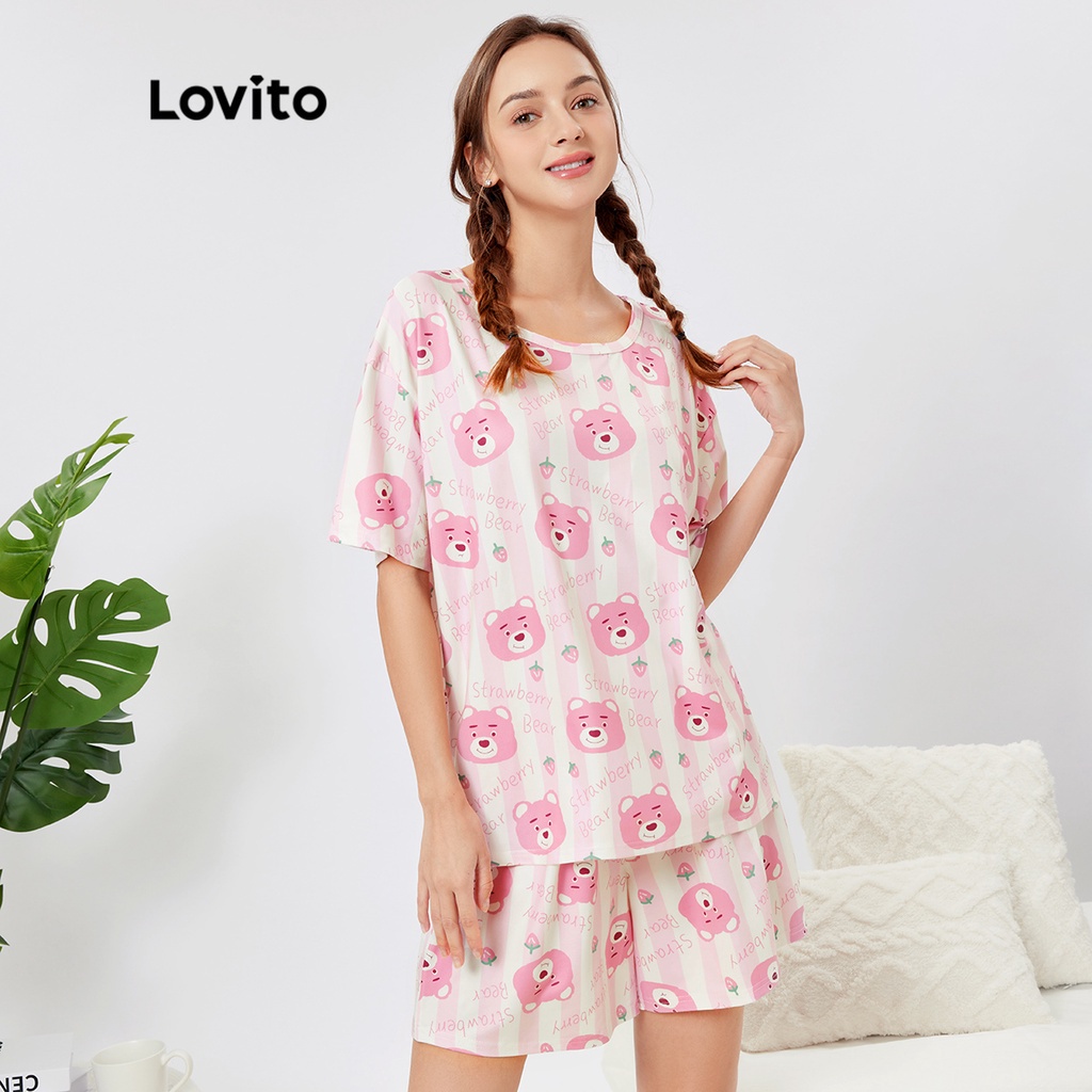 Set pajamas Lovito họa tiết hoạt hình đáng yêu cơ bản thoáng khí L26AD082 (màu hồng nhạt)