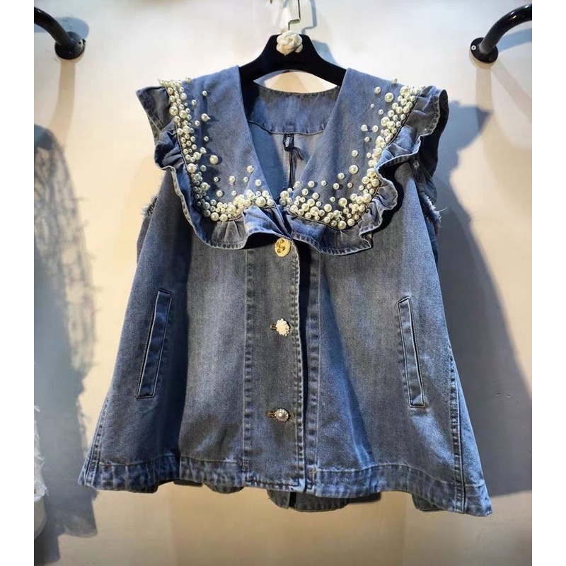 [off-season clearance] the new European style nailed pearl doll collar cowboy horse clip jacket girl in spring / summer 2021