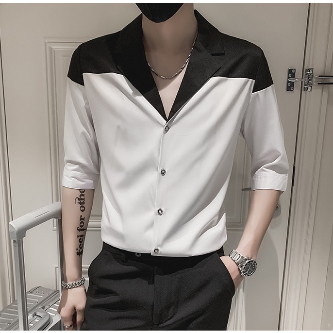 Áo sơ mi nam trắng phối đen Classic Cổ Vest, sơmi phong cách Hàn Quốc lịch lãm SH032 | BigBuy360 - bigbuy360.vn