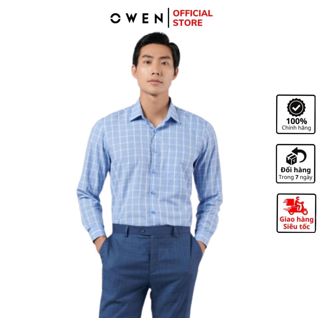 Áo sơ mi dài tay nam OWEN AR220786DT somi công sở Vải Sợi Tre cao cấp Kẻ caro xanh trắng Dáng Regular Fit Tà Lượn Có Túi