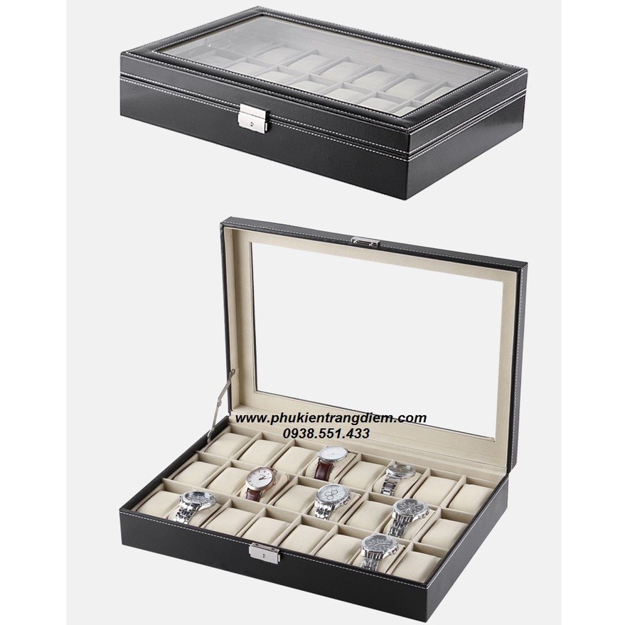 Hộp Đựng Đồng Hồ 24 Ngăn Da Đen - Để 24 Chiếc Đồng Hồ Nắp Kính Chống Bụi Bẩn