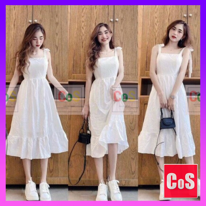 [Mã FAMAYWA2 giảm 10K đơn 50K] Váy Trắng Nữ Hai Dây, COS, Đầm 2 Dây, Buộc Nơ Đuôi Cá, Eo Chun Chất Đũi Dáng Dài, V001