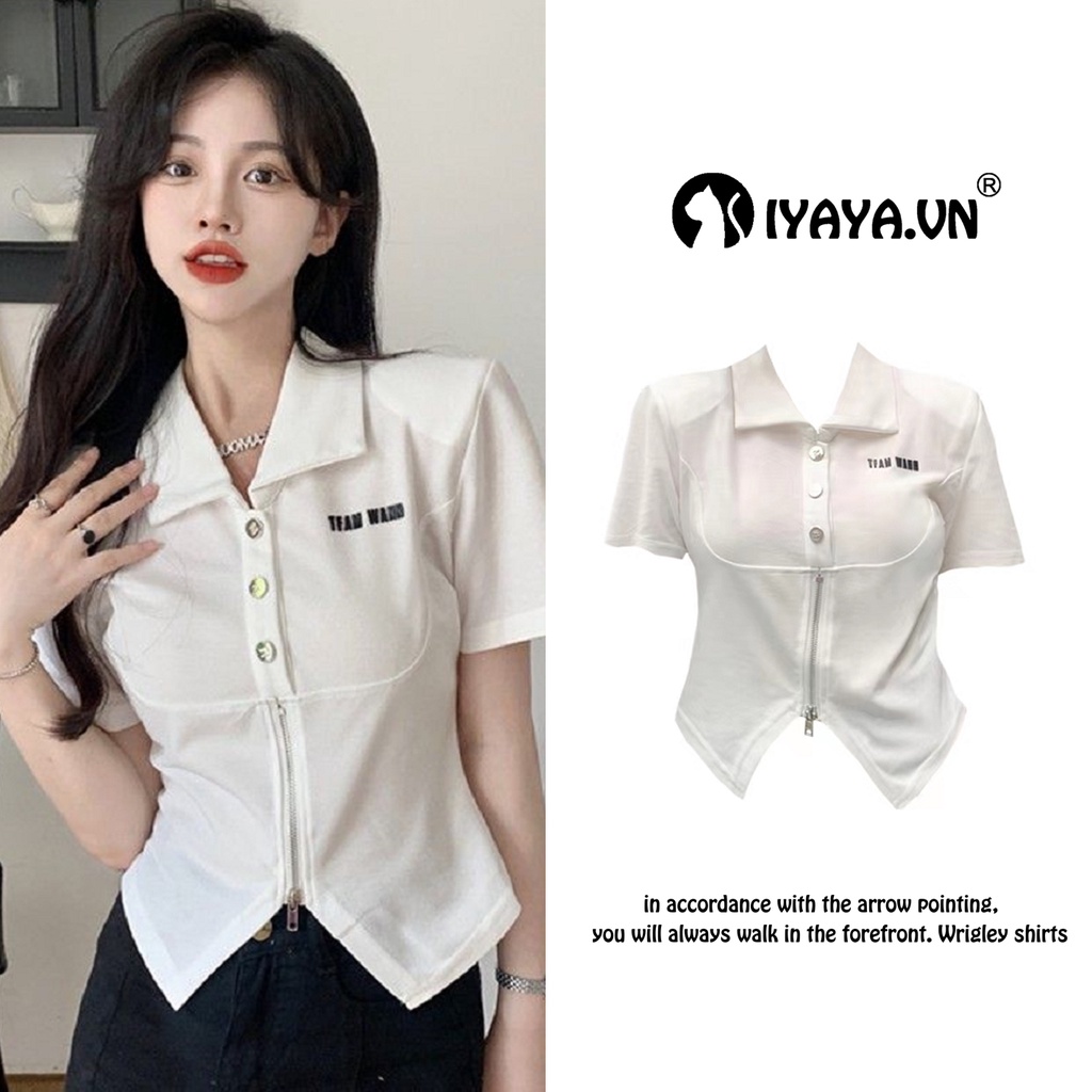 áo croptop polo ngắn tay áo sơ mi ôm dáng phối khóa kéo thiết kế mới ngọt ngào cho nữ